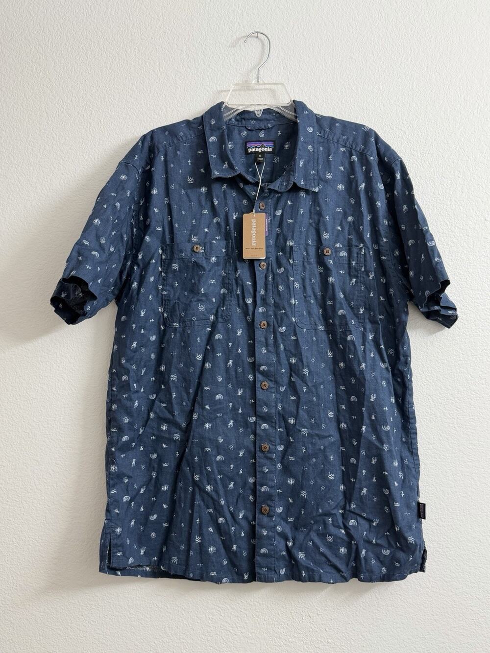 NWT Patagonia Back Step Button Up Shirt XL Blue Short Sleeve Cotton Hemp